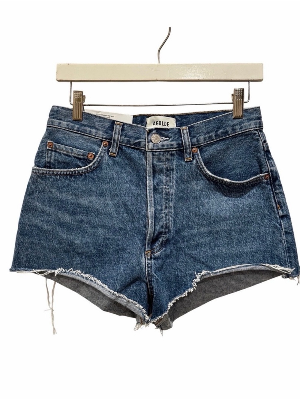 Agolde Medium Blue High-Rise Frayed Hem Denim Shorts